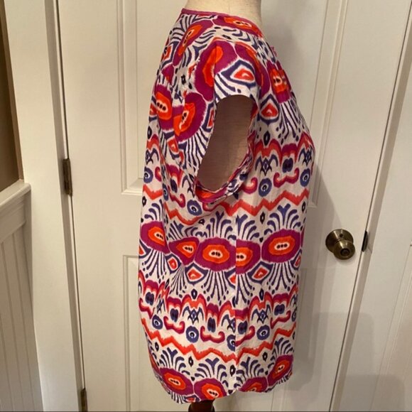 TRINA TURK TOP BLOUSE WHITE BLUE MULTI COLOR BOHO TRIBAL Size S - Picture 3 of 7